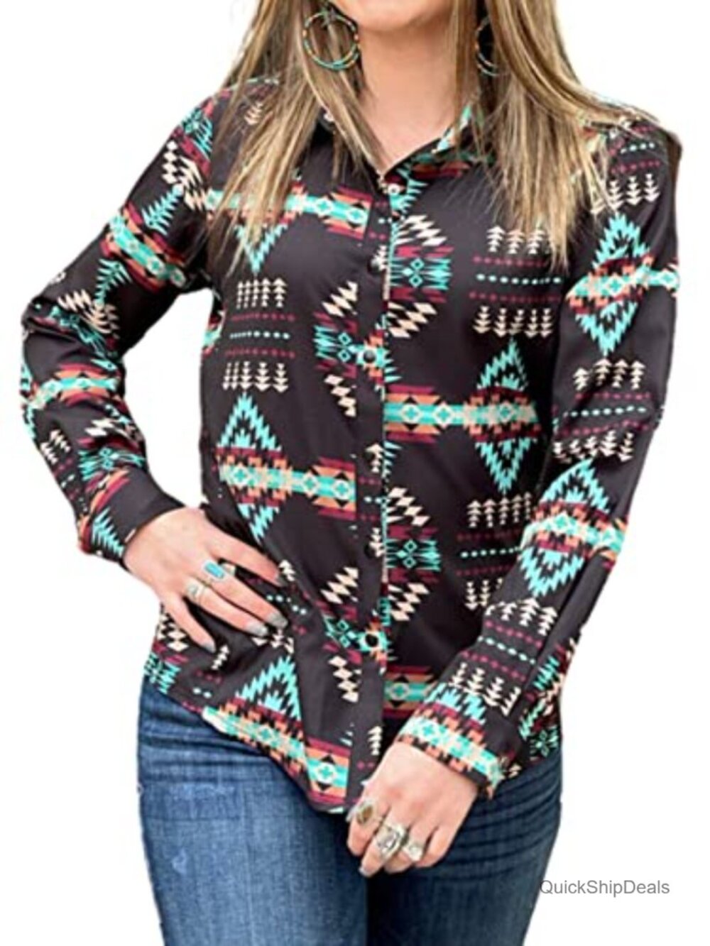 Western Aztec Pearl Snap Button Up Blouse Long Sleeve Cowgirl Tunic
